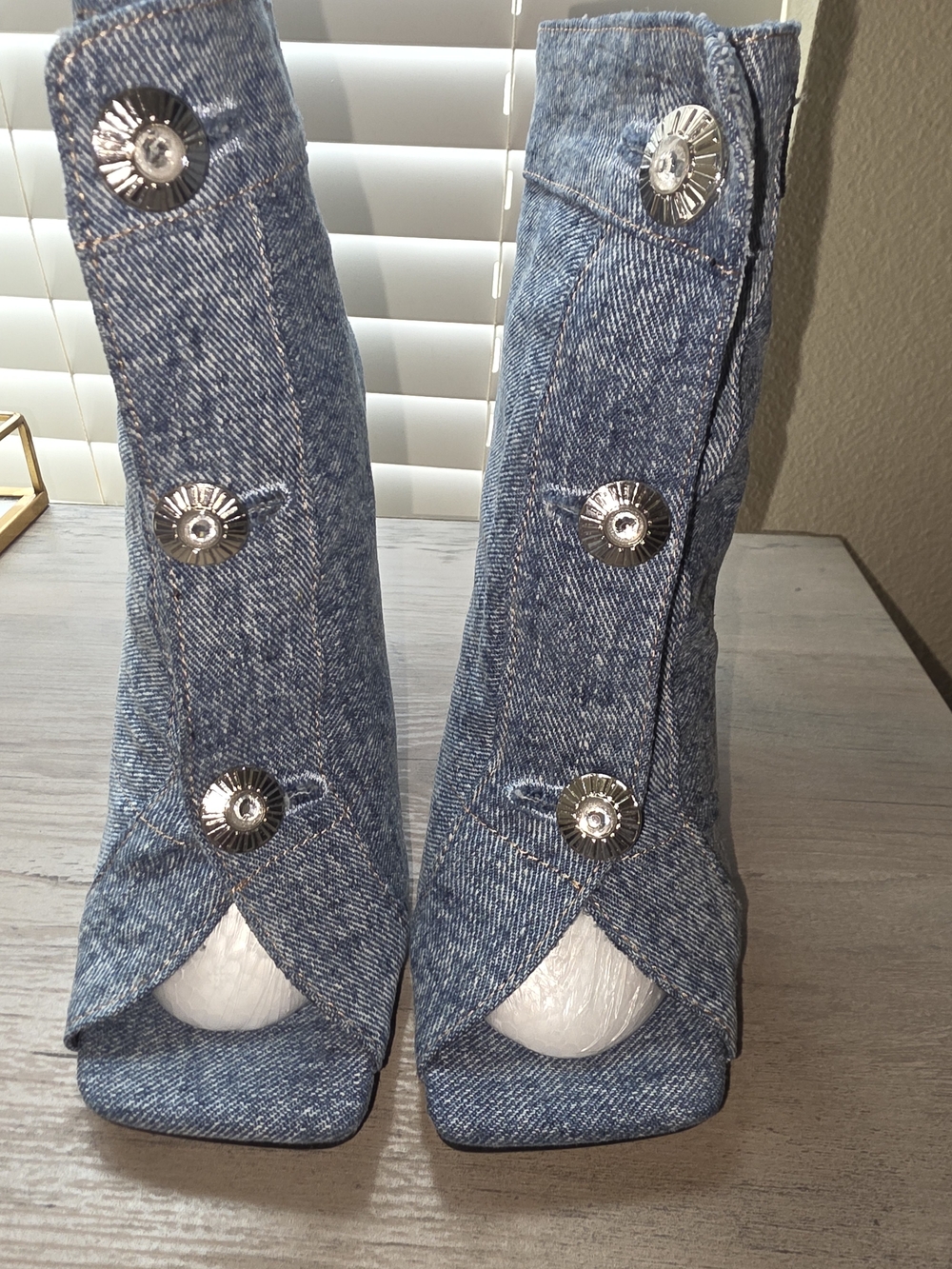Denim Open-Toe Button-Accent Women's Denim Boots - Blue